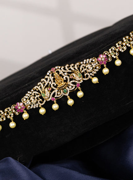 Antique hip chain lakshmi design with kemp & cz stones and pearl hangings
