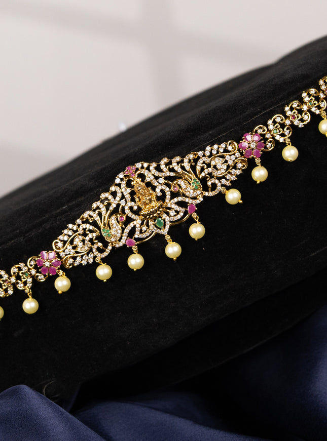 Antique hip chain lakshmi design with kemp & cz stones and pearl hangings