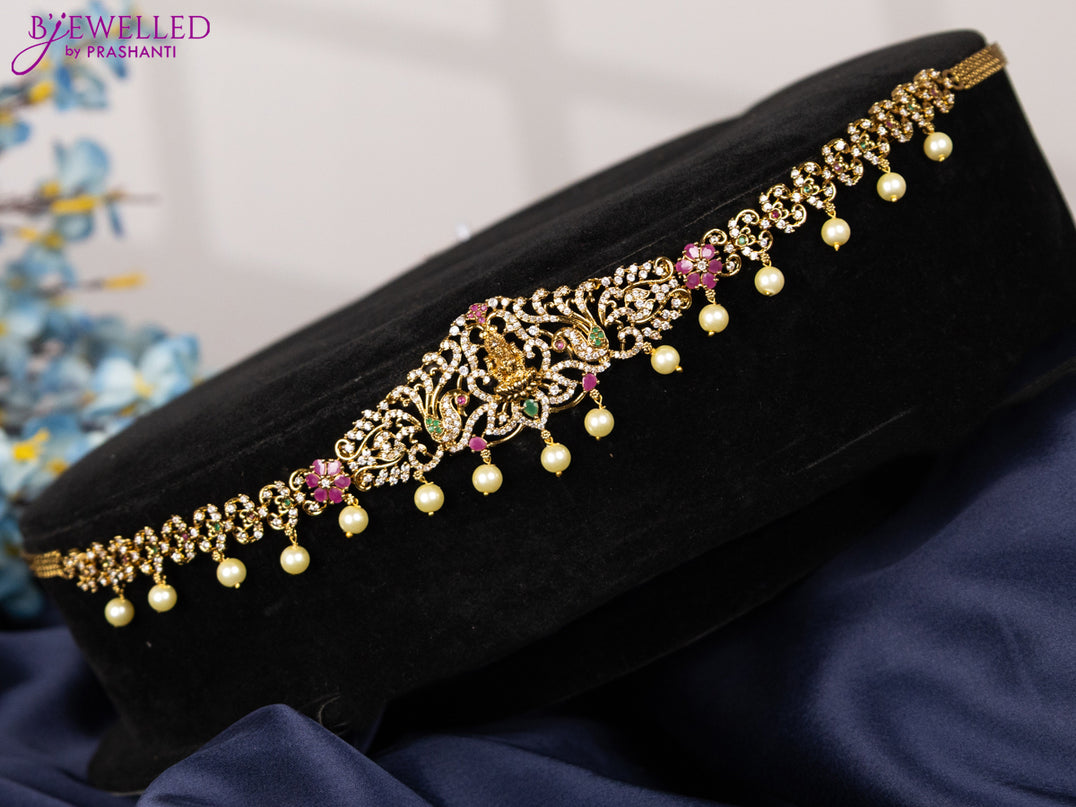 Antique hip chain lakshmi design with kemp & cz stones and pearl hangings