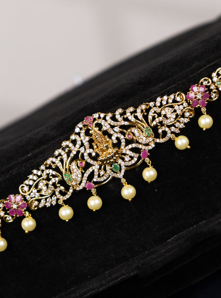 Antique hip chain lakshmi design with kemp & cz stones and pearl hangings