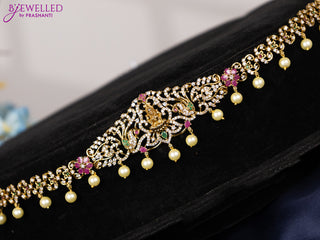 Antique hip chain lakshmi design with kemp & cz stones and pearl hangings