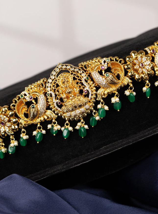 Antique hip chain lakshmi design with kemp & cz stones and pearl & green beads hangings