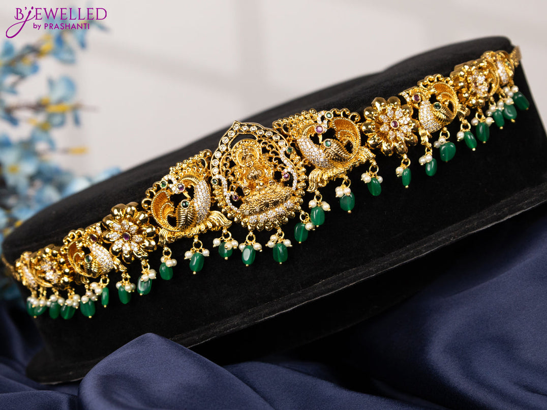 Antique hip chain lakshmi design with kemp & cz stones and pearl & green beads hangings