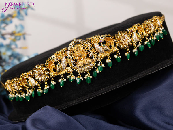 Antique hip chain lakshmi design with kemp & cz stones and pearl & green beads hangings