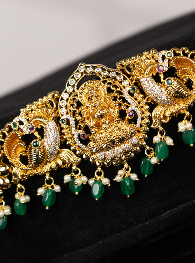 Antique hip chain lakshmi design with kemp & cz stones and pearl & green beads hangings