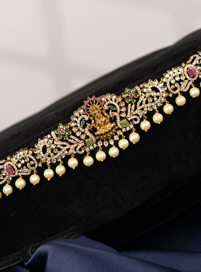 Antique hip chain lakshmi design with kemp & cz stones and pearl hangings