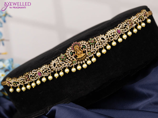 Antique hip chain lakshmi design with kemp & cz stones and pearl hangings