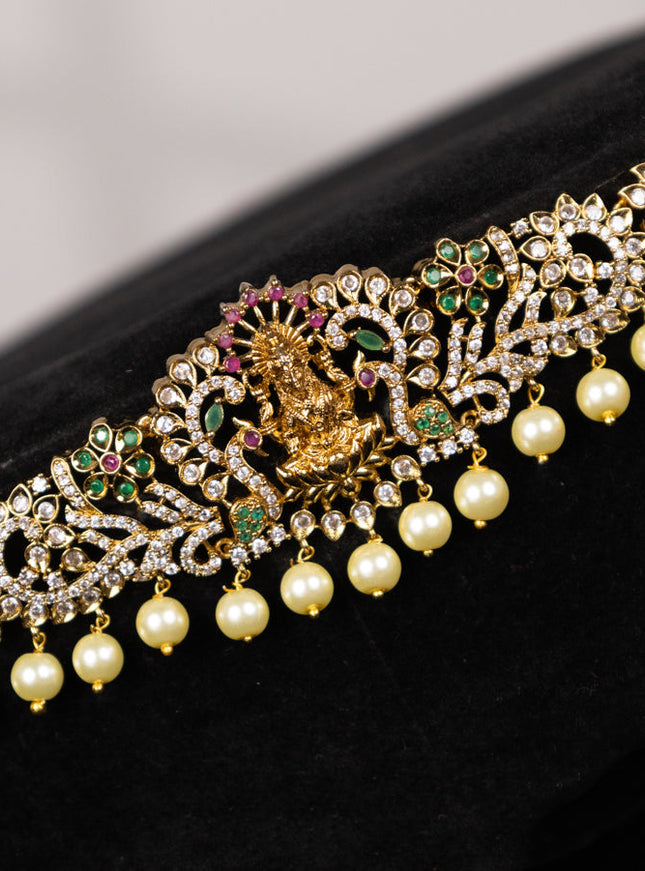 Antique hip chain lakshmi design with kemp & cz stones and pearl hangings