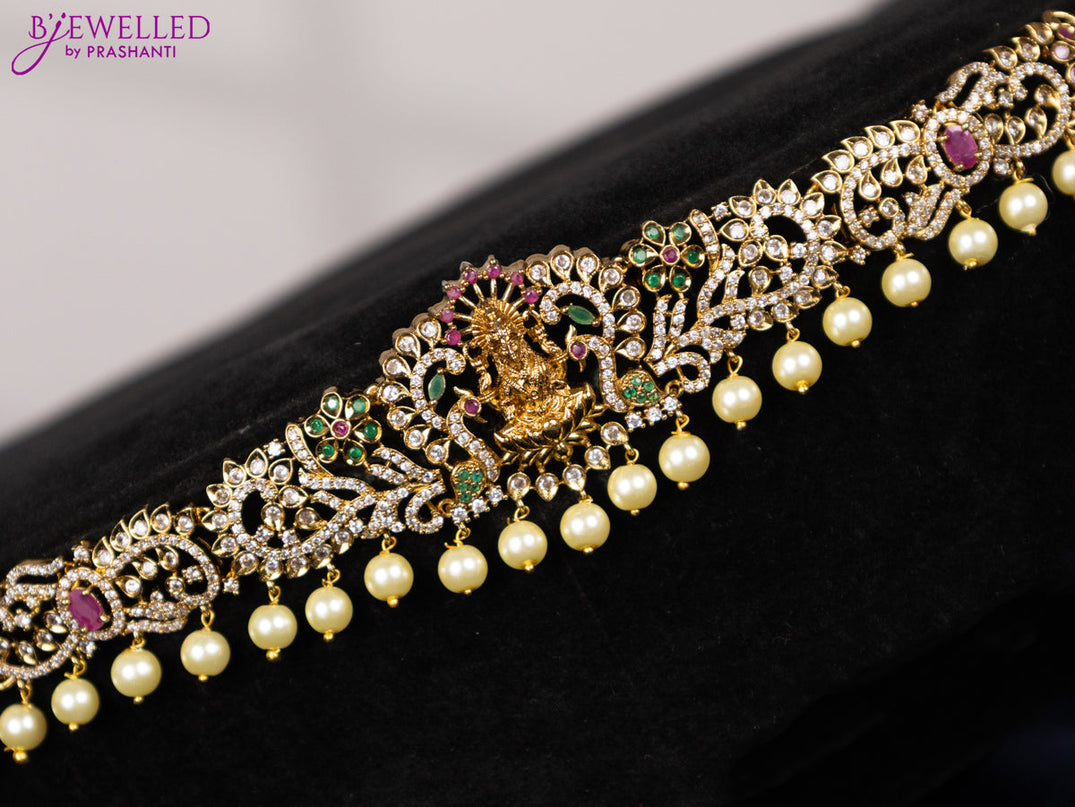 Antique hip chain lakshmi design with kemp & cz stones and pearl hangings