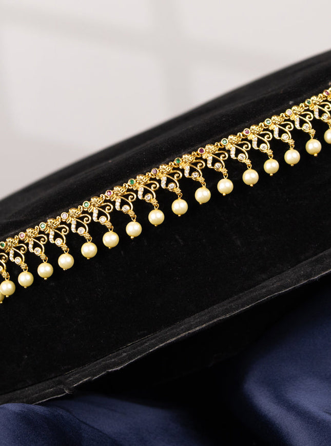 Antique hip chain with kemp & cz stones and pearl hangings