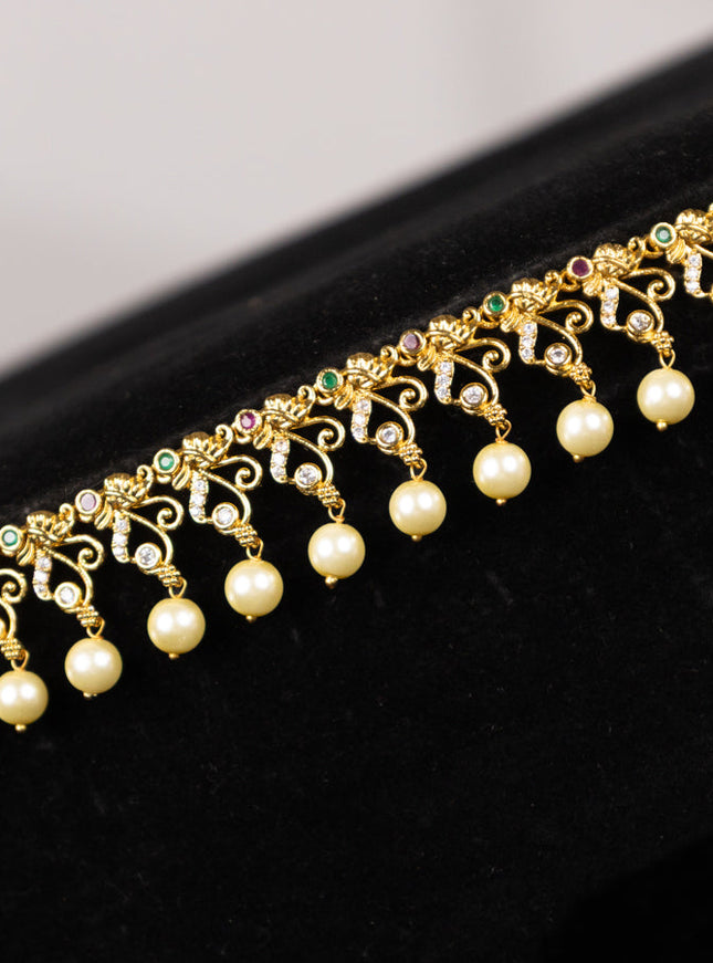 Antique hip chain with kemp & cz stones and pearl hangings