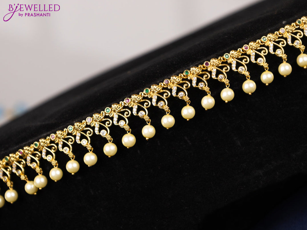 Antique hip chain with kemp & cz stones and pearl hangings
