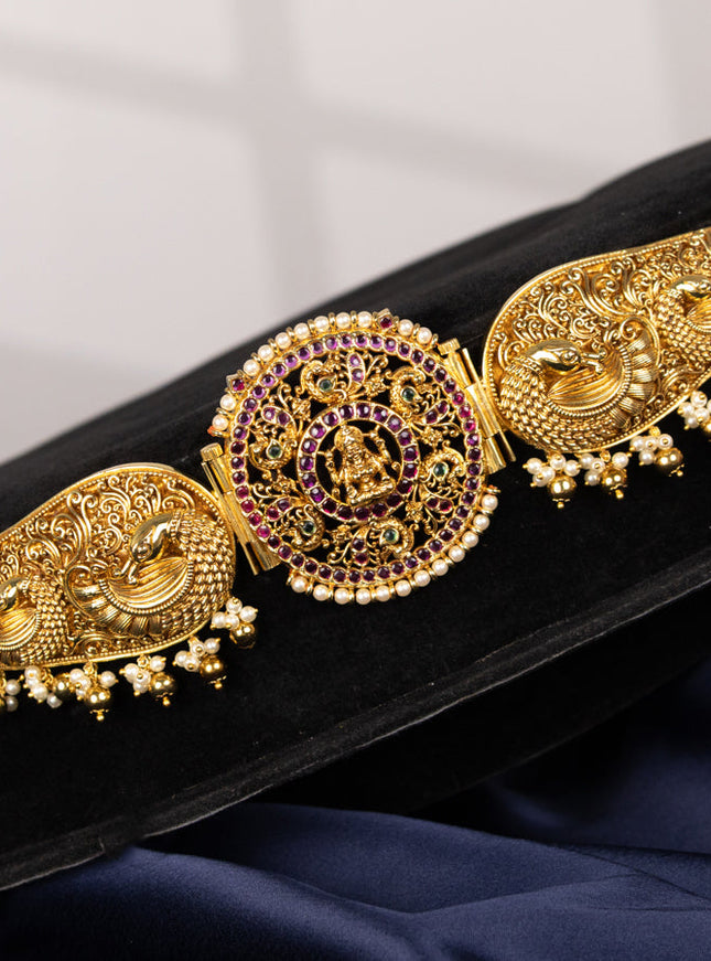 Antique self embossed hip belt lakshmi design with kemp stones and pearl & golden beads hangings