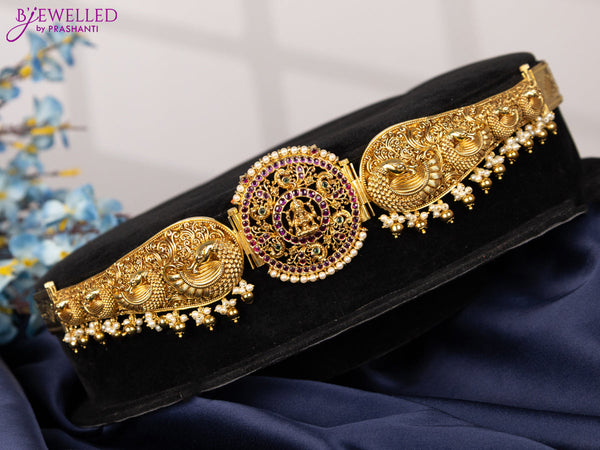 Antique self embossed hip belt lakshmi design with kemp stones and pearl & golden beads hangings