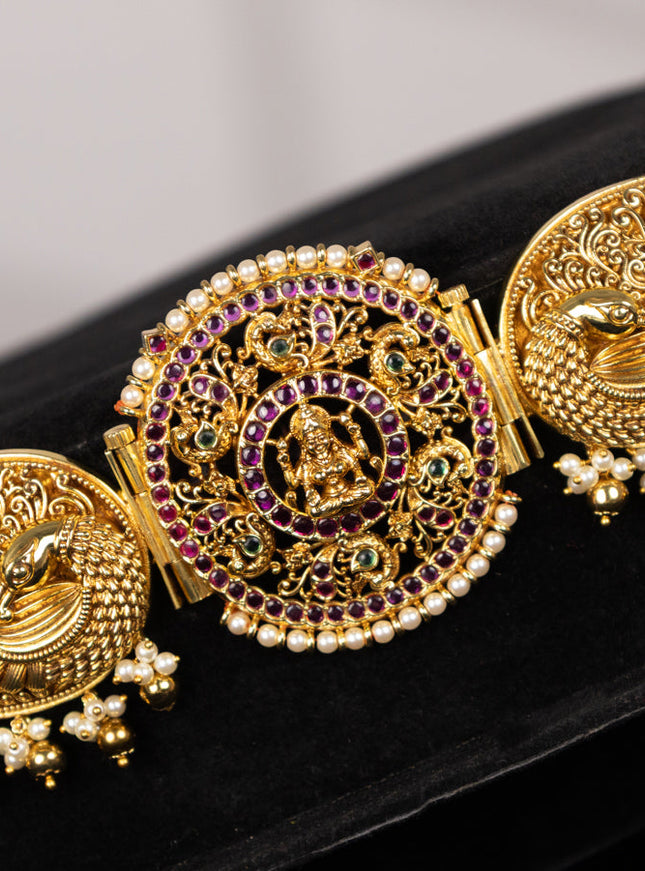 Antique self embossed hip belt lakshmi design with kemp stones and pearl & golden beads hangings