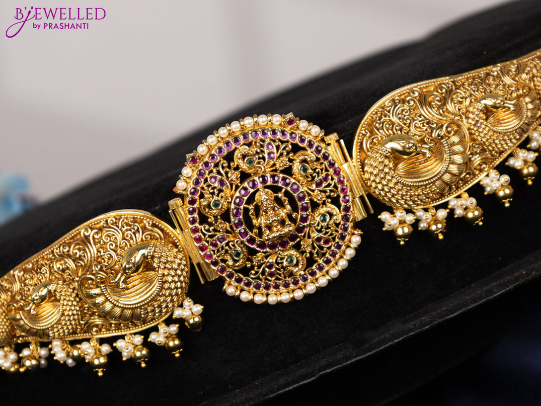 Antique self embossed hip belt lakshmi design with kemp stones and pearl & golden beads hangings