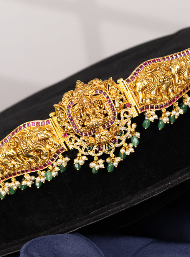 Antique self embossed hip belt lakshmi design with kemp & cz stones and pearl & mint green beads hangings