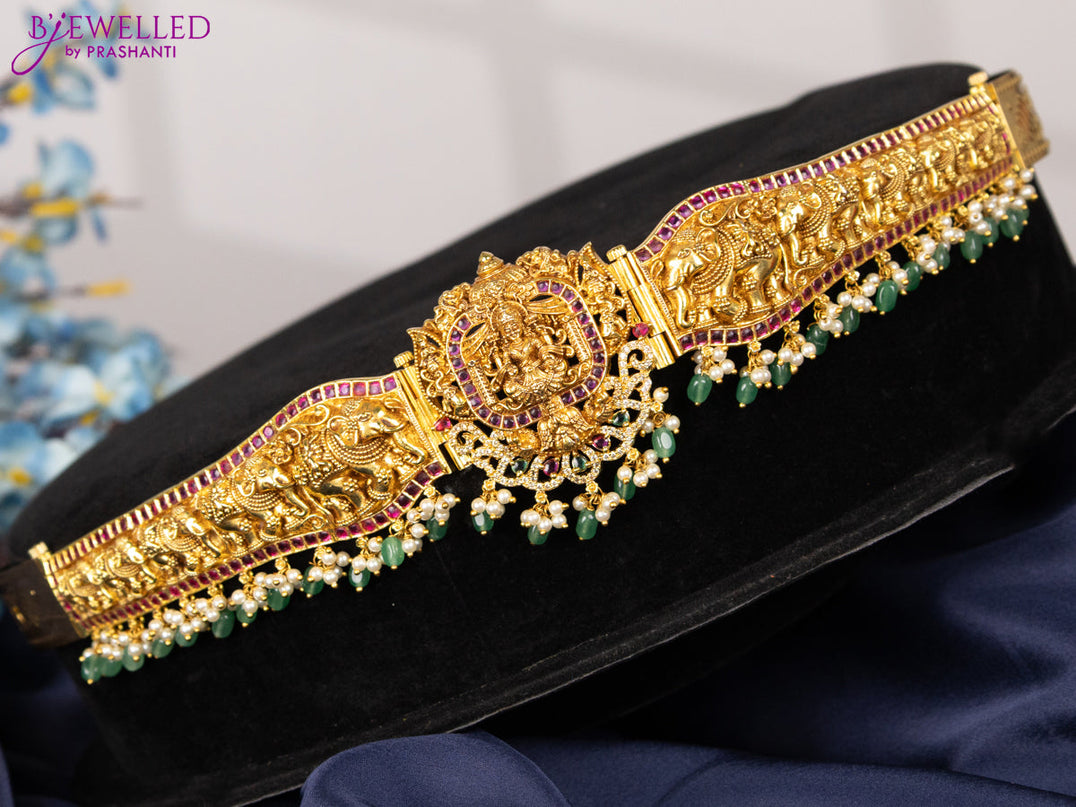 Antique self embossed hip belt lakshmi design with kemp & cz stones and pearl & mint green beads hangings