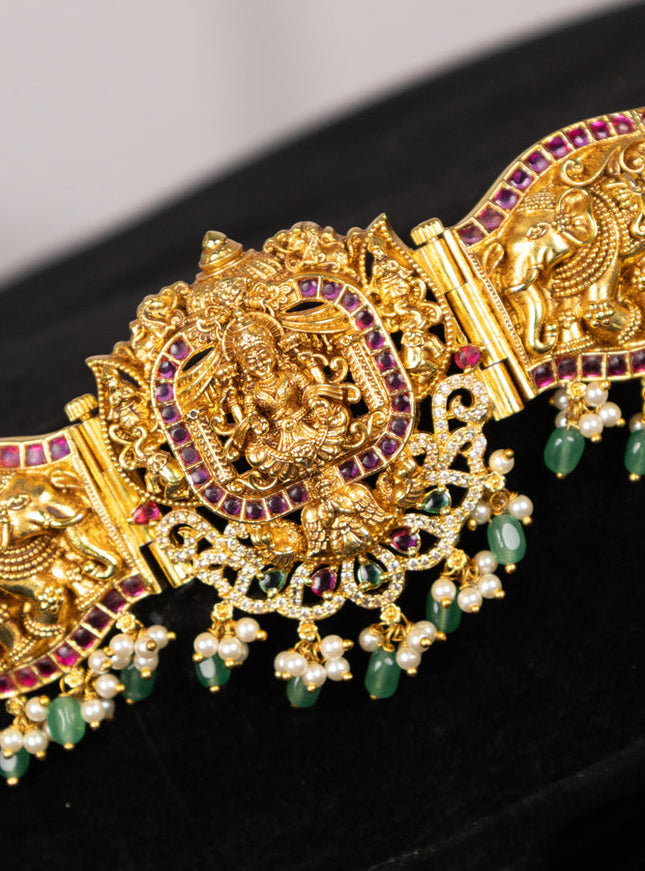 Antique self embossed hip belt lakshmi design with kemp & cz stones and pearl & mint green beads hangings