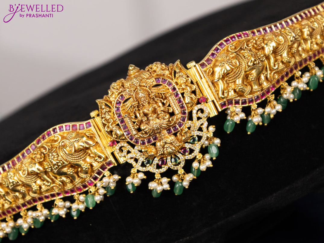 Antique self embossed hip belt lakshmi design with kemp & cz stones and pearl & mint green beads hangings