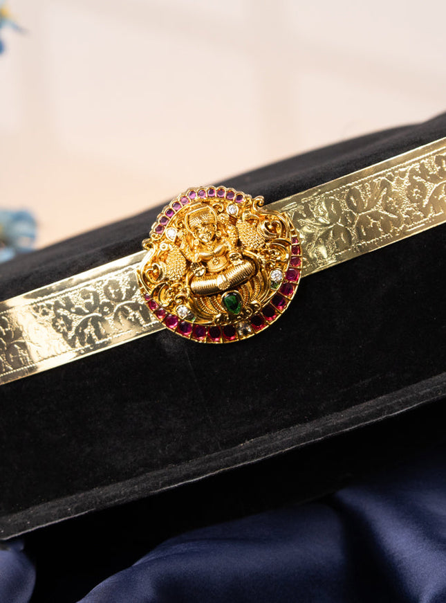 Antique self embossed hip belt lakshmi design with kemp and kundan stones