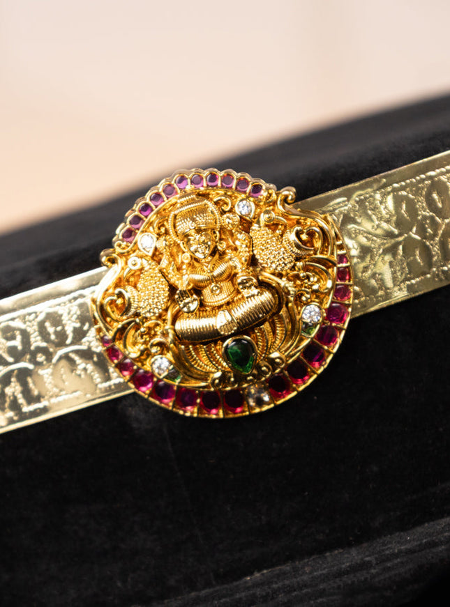Antique self embossed hip belt lakshmi design with kemp and kundan stones