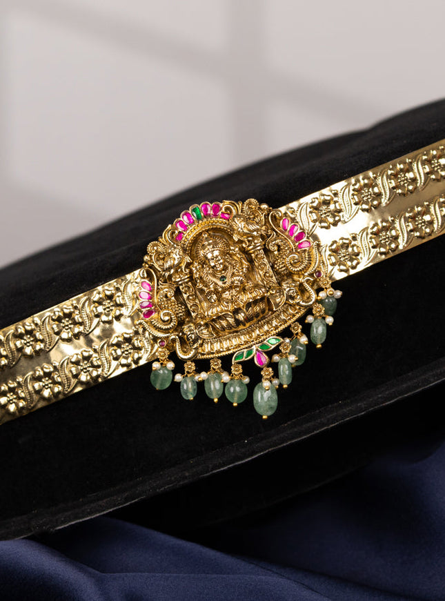 Antique self embossed hip belt lakshmi design with kemp jadau stones and pearl & mint green beads hangings