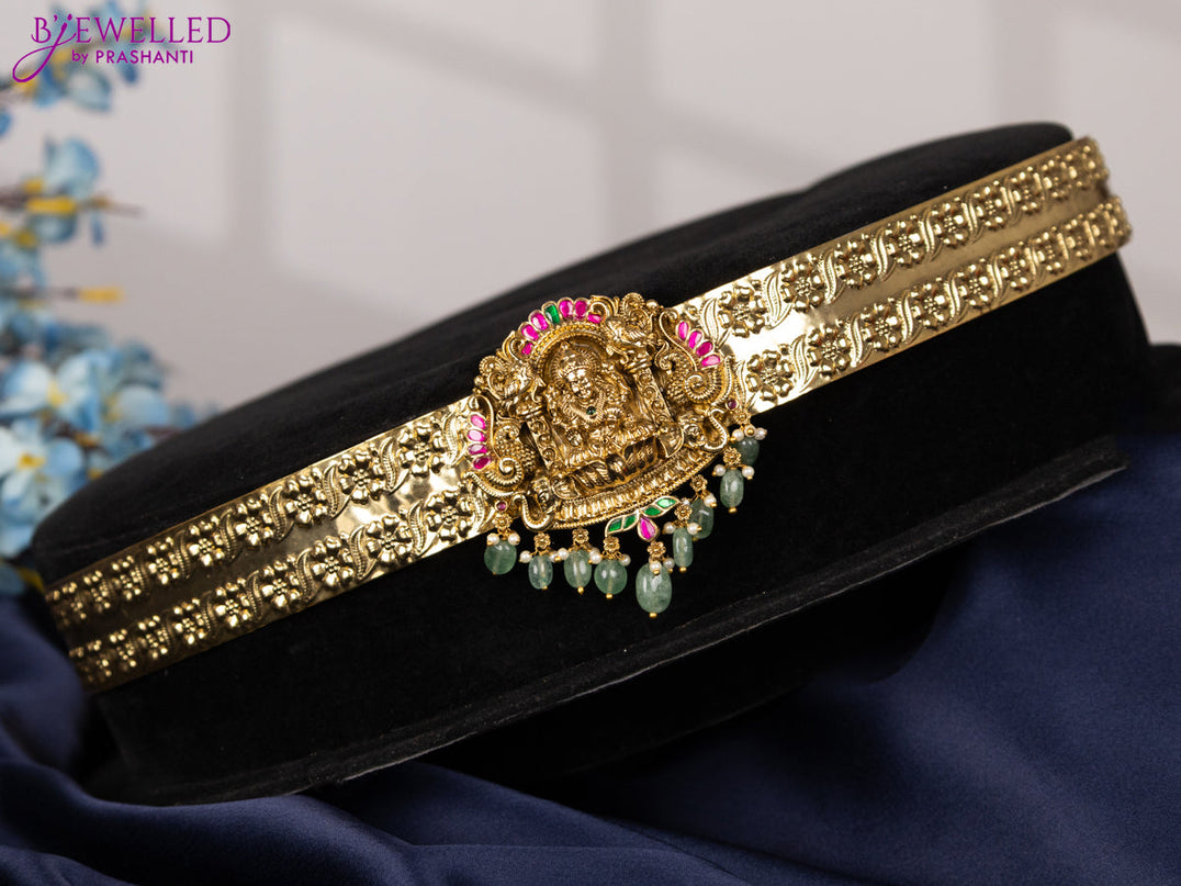 Antique self embossed hip belt lakshmi design with kemp jadau stones and pearl & mint green beads hangings