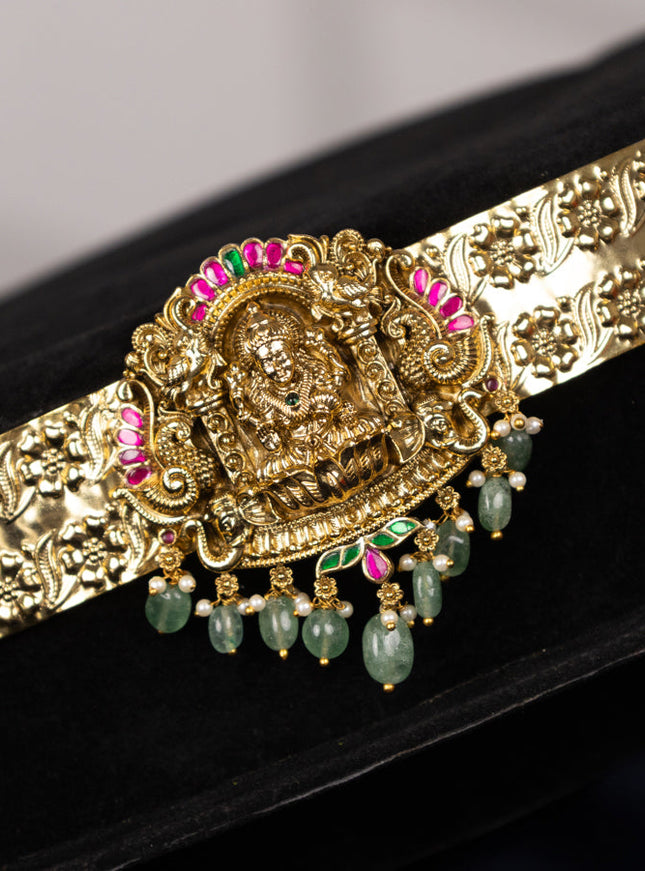 Antique self embossed hip belt lakshmi design with kemp jadau stones and pearl & mint green beads hangings