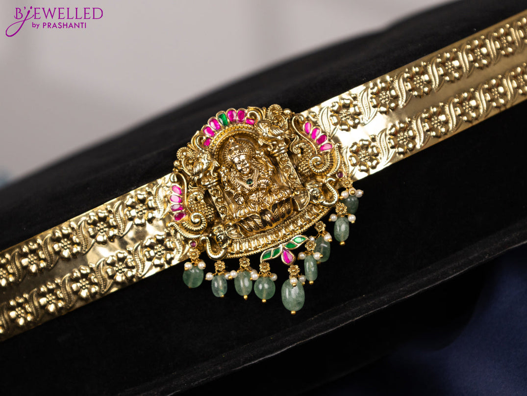 Antique self embossed hip belt lakshmi design with kemp jadau stones and pearl & mint green beads hangings