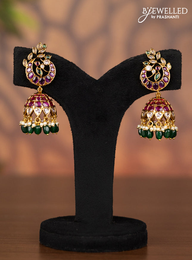 Antique jhumka with kemp & kundan stones and pearl & green beads hangings