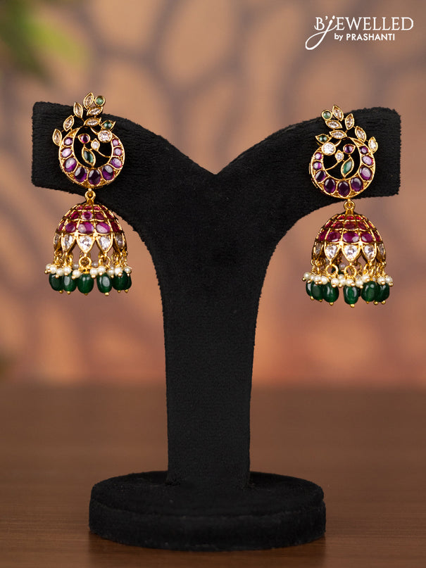 Antique jhumka with kemp & kundan stones and pearl & green beads hangings