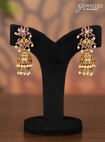 Antique double layer jhumka with kemp & kundan stones and pearl hangings