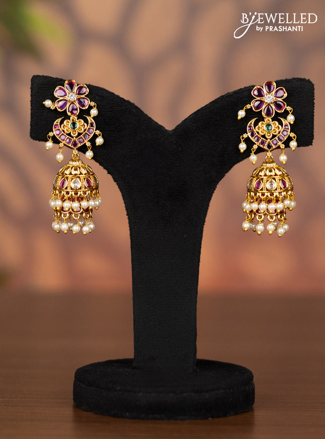 Antique double layer jhumka with kemp & kundan stones and pearl hangings