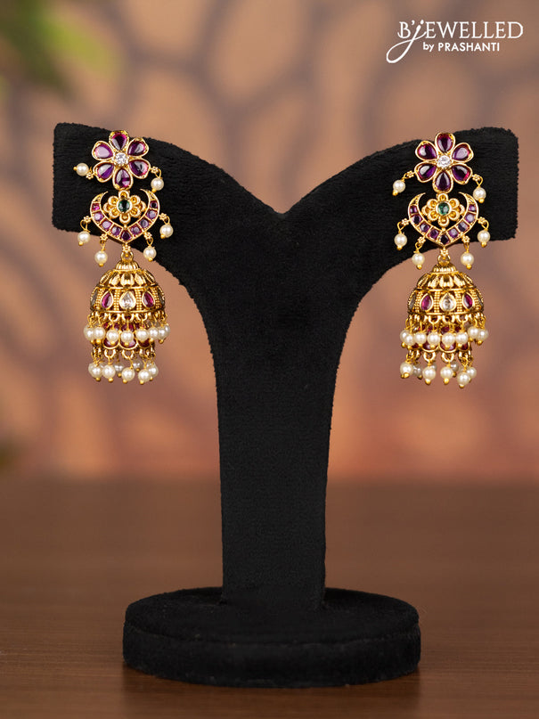Antique double layer jhumka with kemp & kundan stones and pearl hangings