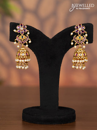 Antique double layer jhumka with kemp & kundan stones and pearl hangings