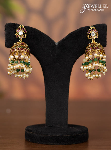 Antique jhumka with kemp & kundan stones and pearl hangings