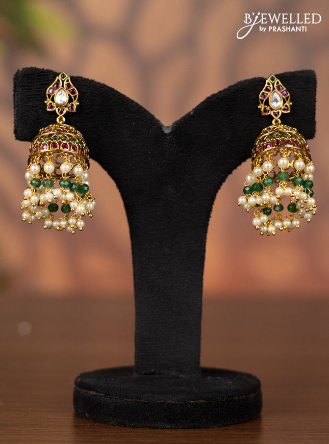 Antique jhumka with kemp & kundan stones and pearl hangings