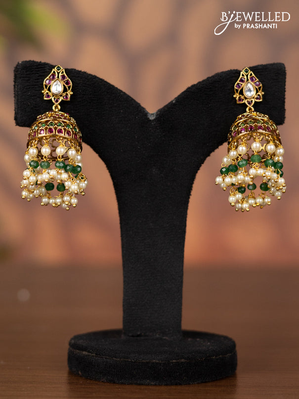 Antique jhumka with kemp & kundan stones and pearl hangings
