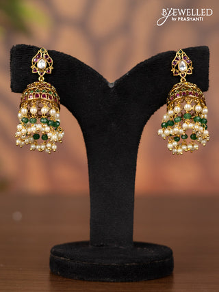 Antique jhumka with kemp & kundan stones and pearl hangings