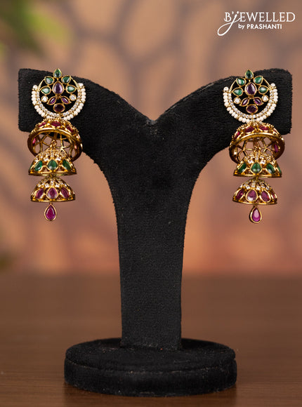 Antique triple layer jhumka with kemp & cz stones and hanging
