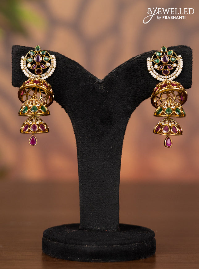 Antique triple layer jhumka with kemp & cz stones and hanging