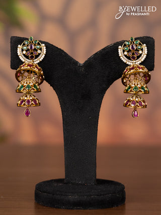 Antique triple layer jhumka with kemp & cz stones and hanging