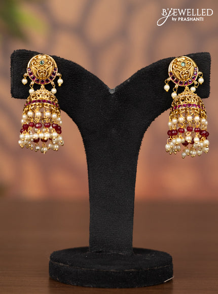 Antique jhumka with kemp & cz stones and pearl & pink beads hangings