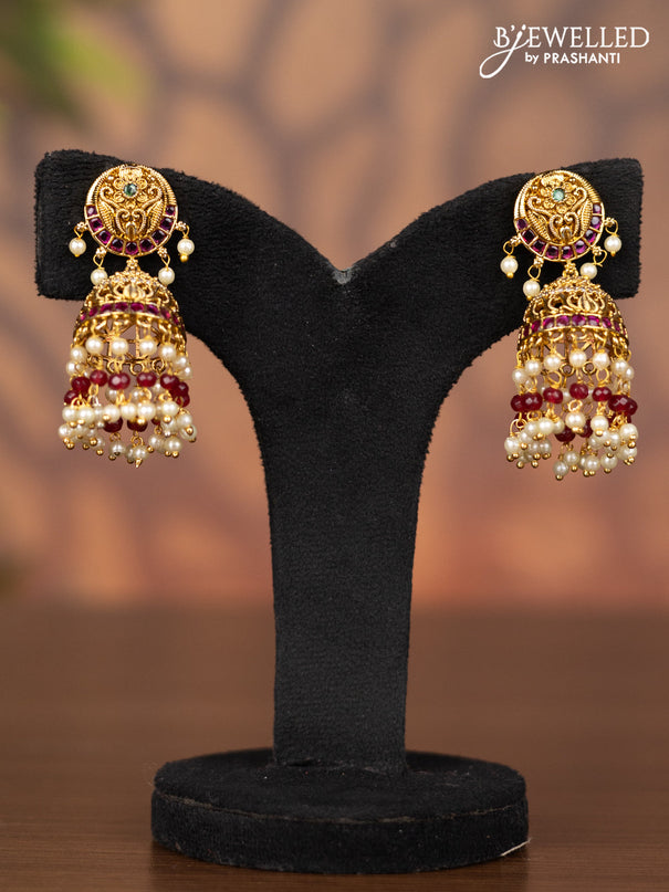 Antique jhumka with kemp & cz stones and pearl & pink beads hangings