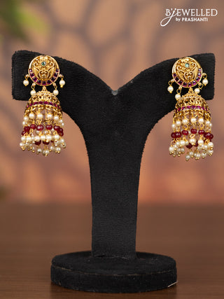 Antique jhumka with kemp & cz stones and pearl & pink beads hangings
