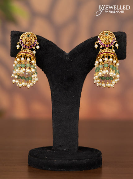 Antique jhumka with kemp & cz stones and pearl & mint green beads hangings