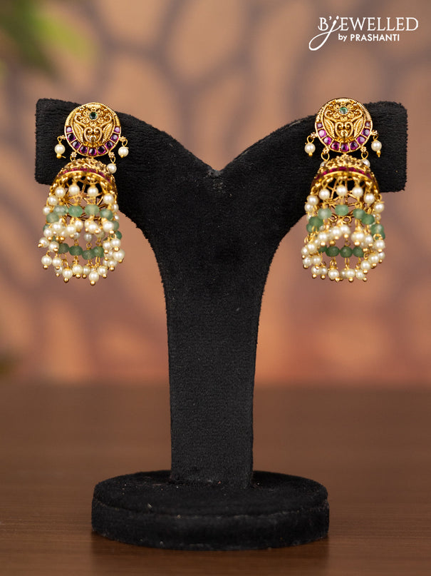 Antique jhumka with kemp & cz stones and pearl & mint green beads hangings