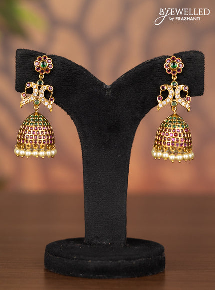 Antique jhumka peacock design with kemp & cz stones and pearl hangings