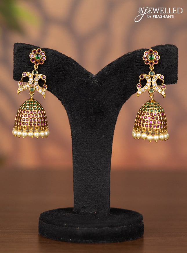 Antique jhumka peacock design with kemp & cz stones and pearl hangings